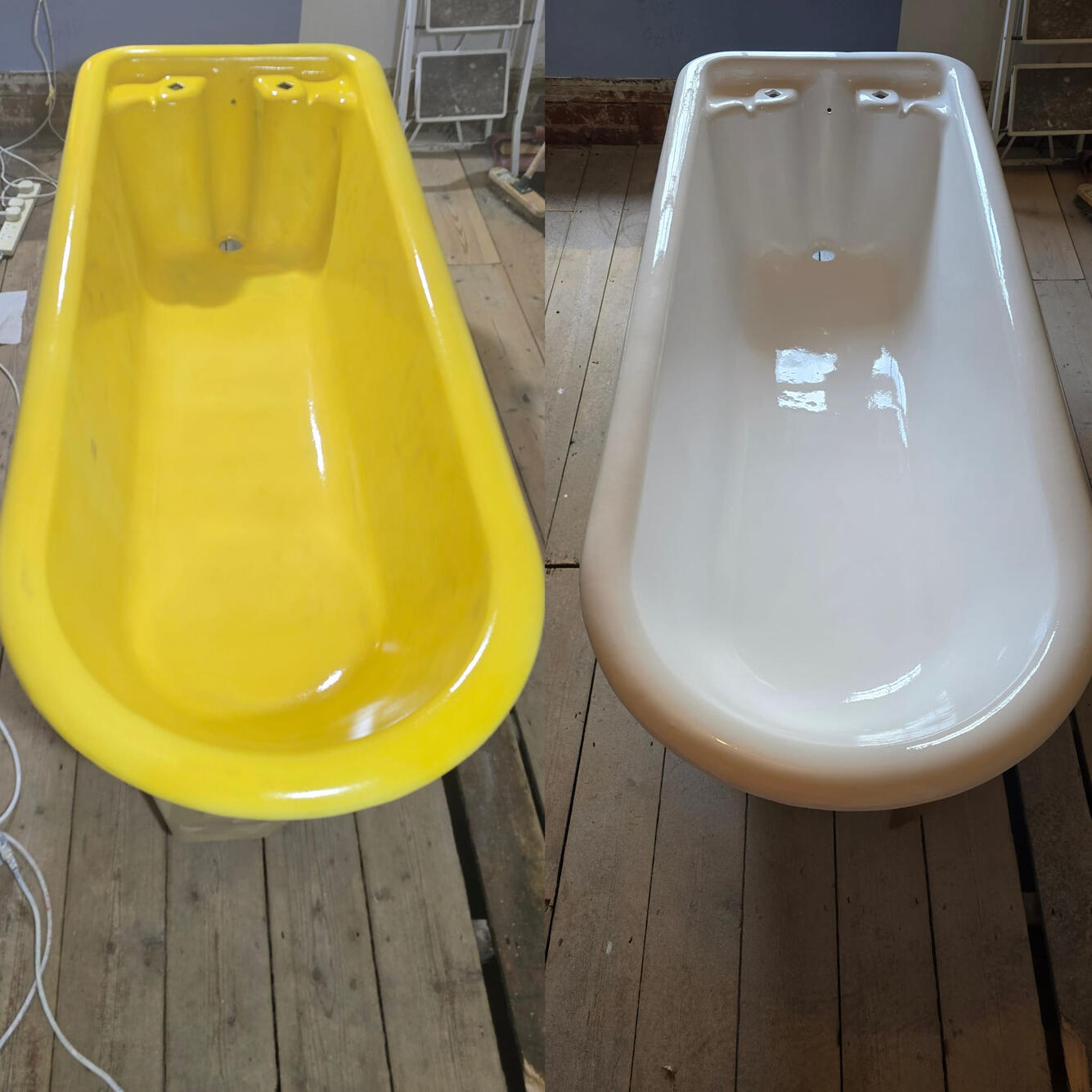 BEFORE AND AFTER PHOTOS OF A CAST IRON ROLL TOP BATH RE-ENAMELLED IN BIRMINGHAM