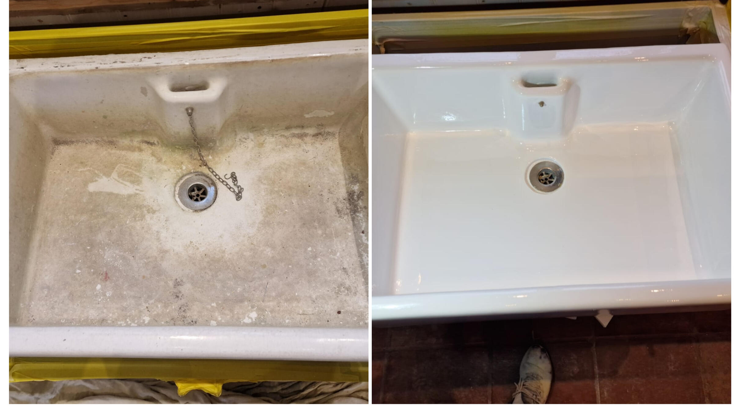 BEFORE AND AFTER PHOTOS OF A KITCHEN CERAMIC BELFAST SINK, WAS DAMAGED AND FULL OF CHIPS, FULLY RESORED TO A LIKE NEW FINISH IN BIRMINGHAM