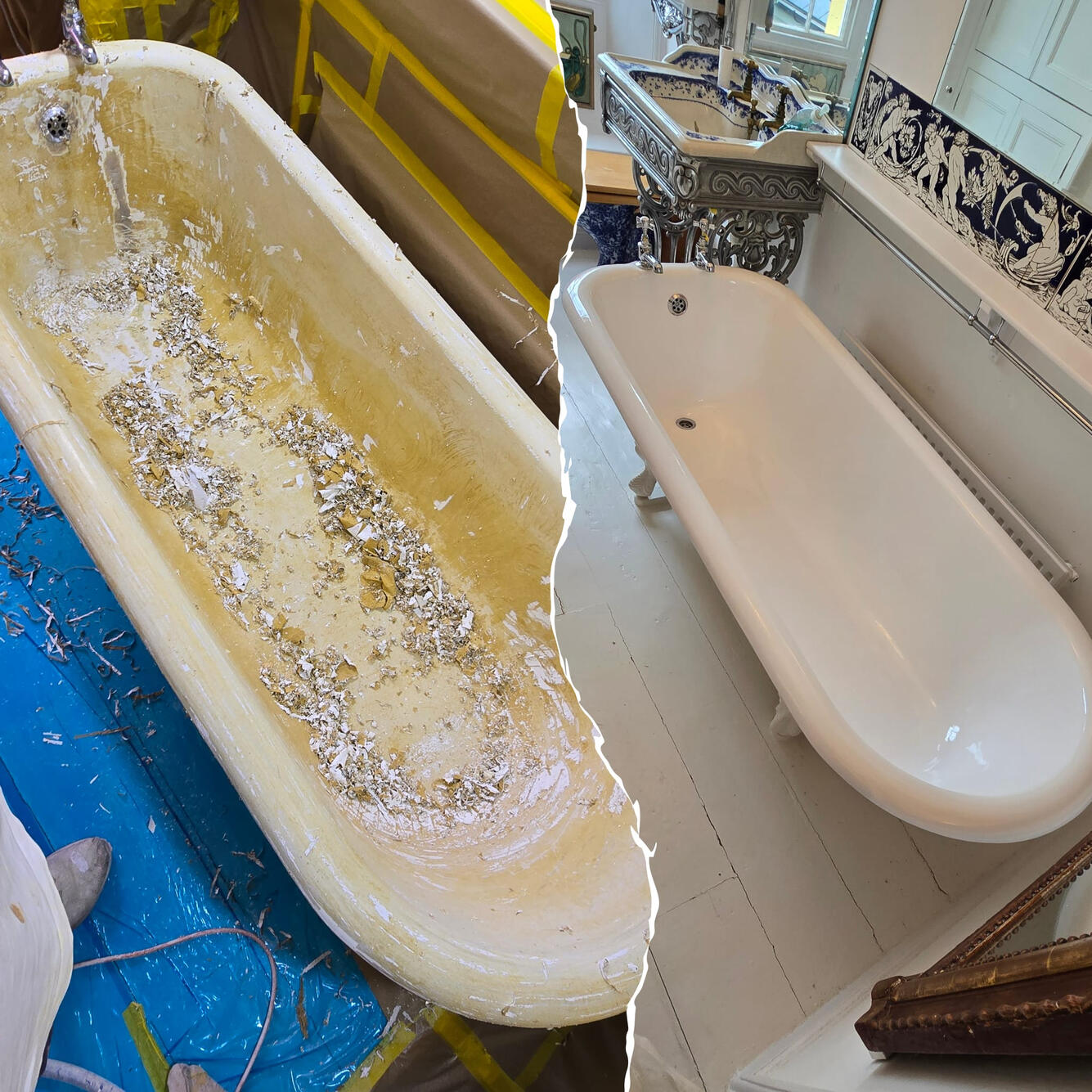 ROLL TOP BATH RE-ENAMELLED IN BIRMINGHAM HOME BEFORE AND AFTER PICTURE OF A VICTORIAN CAST IRON ROLL TOP BATH, WAS STRIPPED OF THE OLD ENAMELL AND RESURFACED IN A BRILLIANT WHITE GLOSS IN BIRMINGHAM