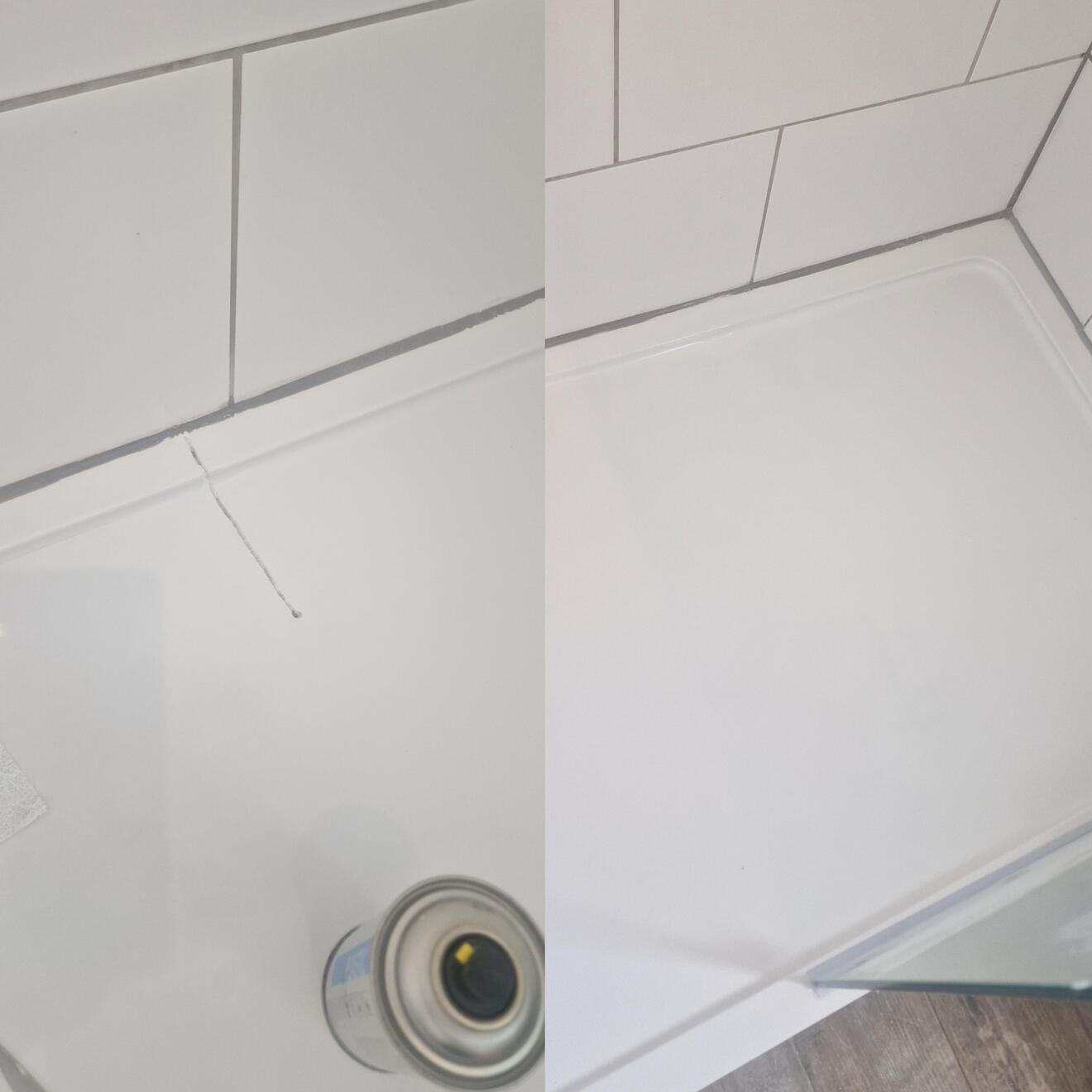before and after pictures of a stone resin acrylic shower tray crack repair in Birmingham