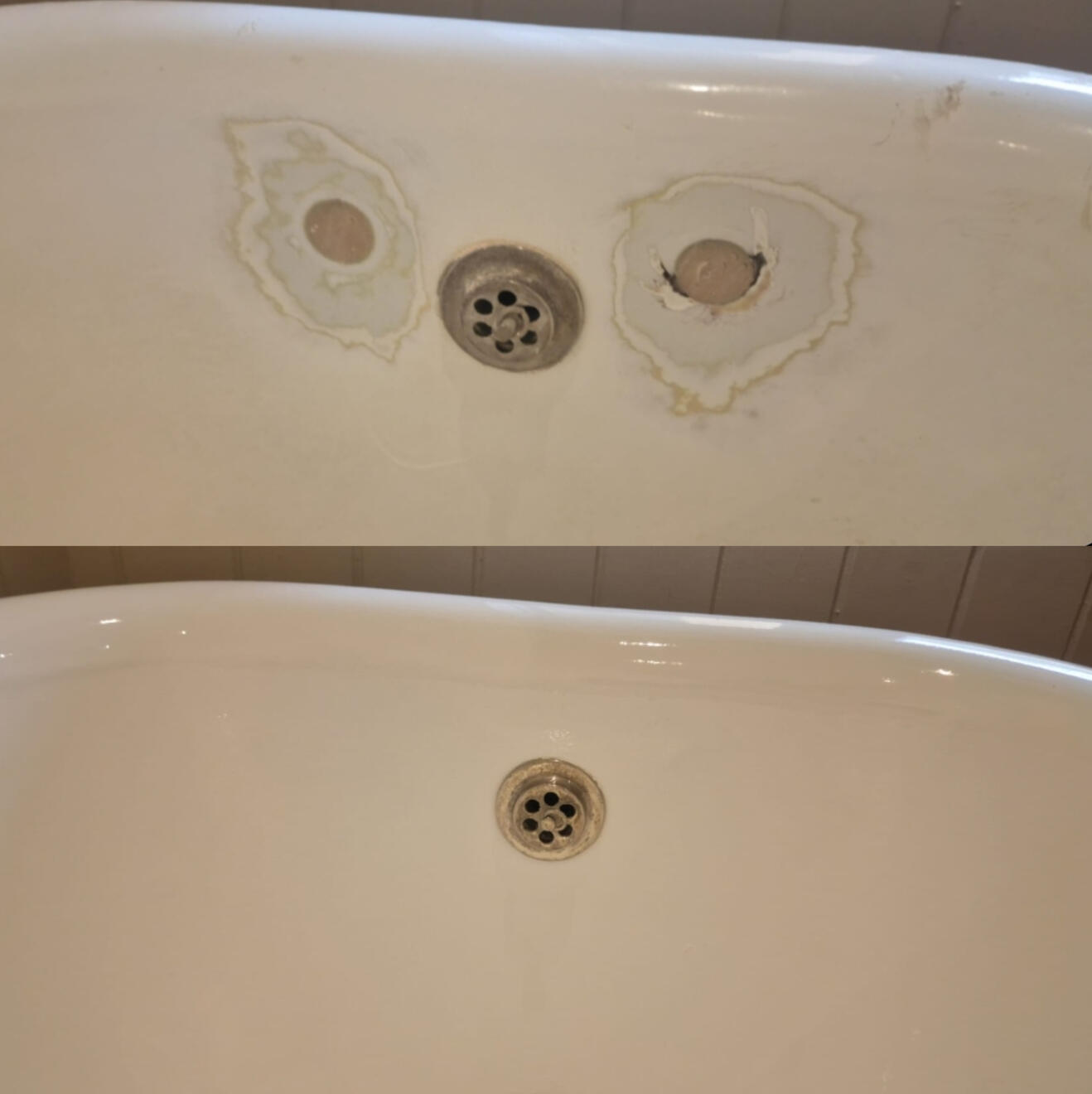 BEFORE AND AFTER PICTURES OF A CAST IRON BATH TAP HOLES FILLED AND REPAIRED IN CENTER OF BIRMINGHAM