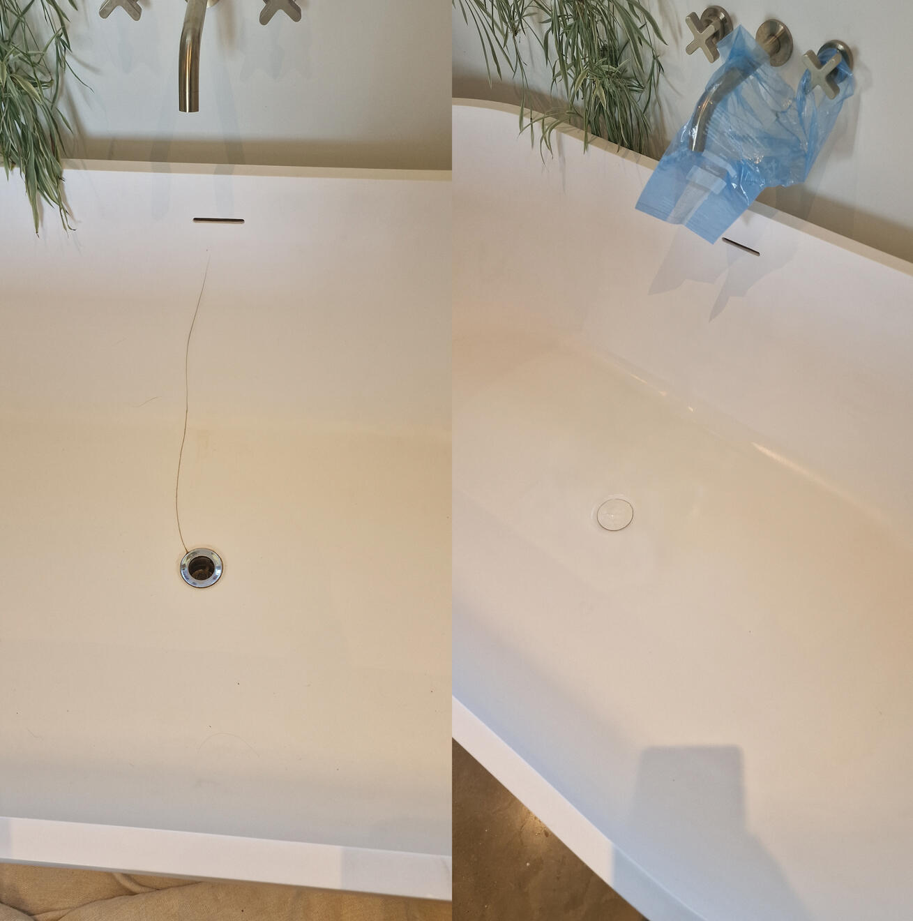 before and after pictures of a stone resin acrylic bath crack repair in Birmingham home