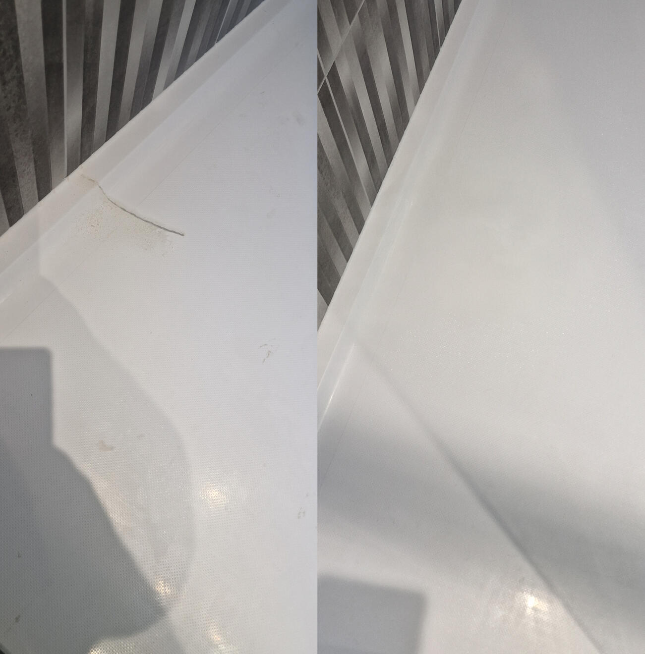 before and after pictures of a stone resin acrylic shower tray crack repair in Birmingham