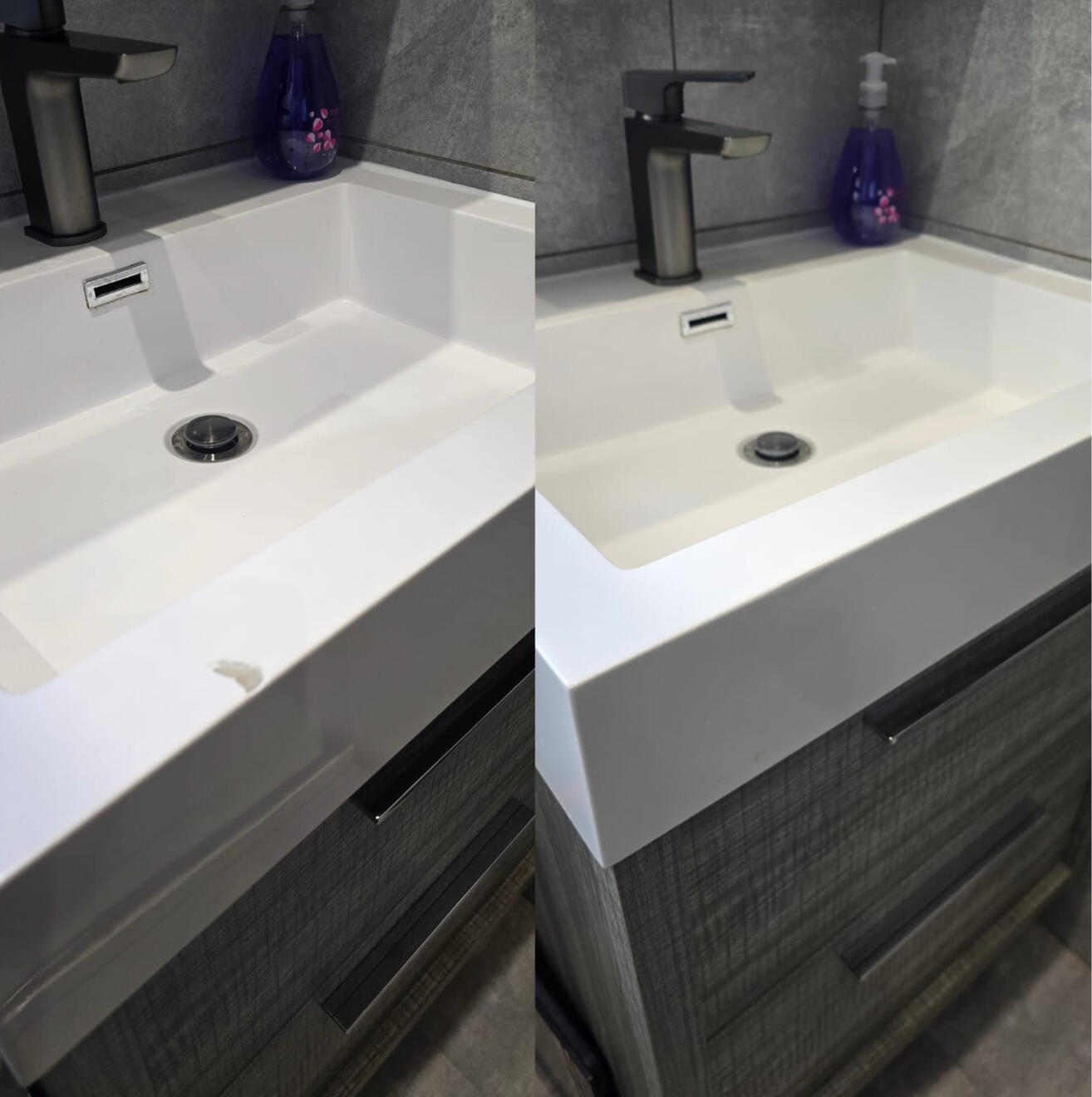 BEFORE AND AFTER PICTURES OF A COMPOSITE BATHROOM BASIN CHIP REPAIR IN BIRMINGHAM AIR BNB