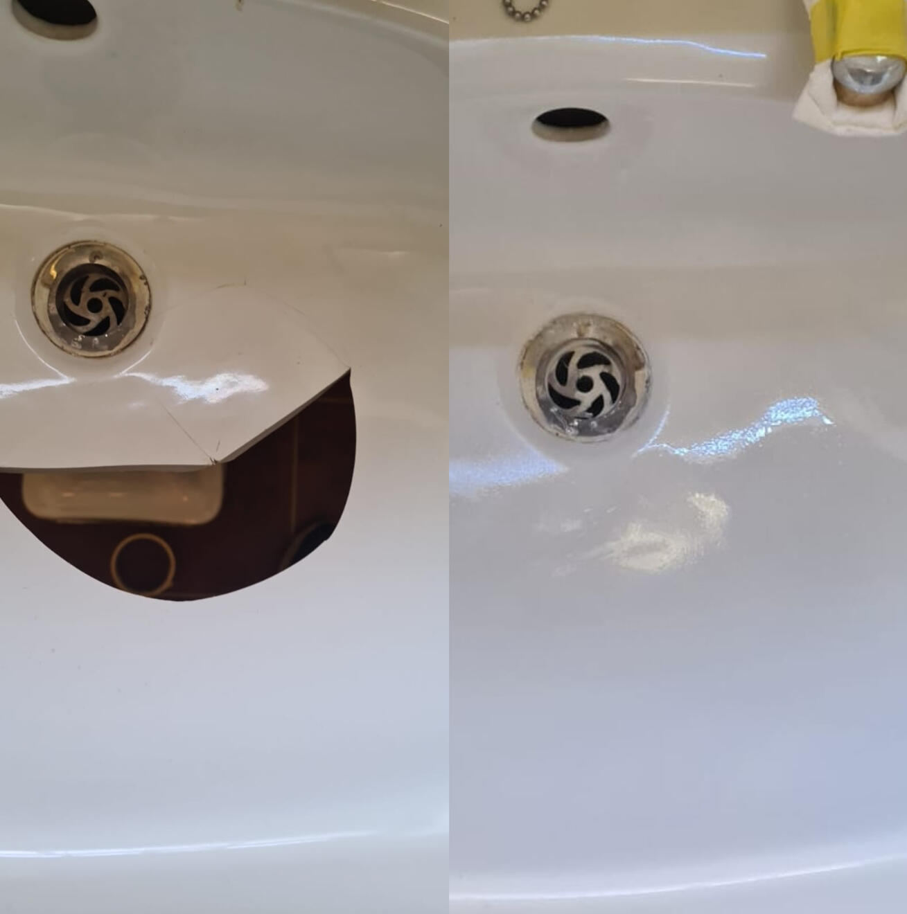 before and after pictures of a ceramic sink crack repair in Birmingham